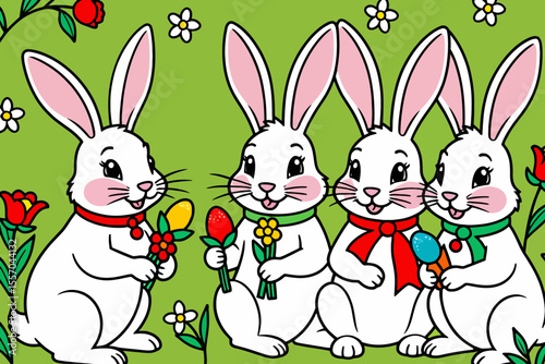 Cute Easter Bunnies with Colorful Eggs and Flowers-Springtime Celebration with Adorable Rabbits-Festive Easter Decoration-Whimsical Cartoon Bunnies for Holiday Fun