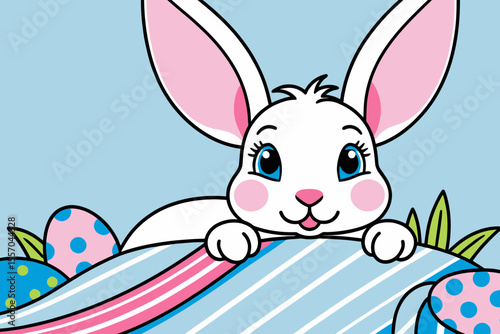Cute Easter Bunny Illustration-Adorable White Rabbit with Pink Cheeks-Easter Eggs and Springtime Colors-Perfect for Easter Greetings