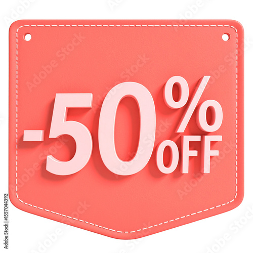  Coral price tag shape with stitched border and minus 50 percent text, isolated on transparent background PNG