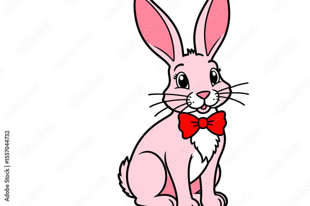Obraz premium Cute Pink Cartoon Bunny with Red Bow Tie - Adorable Easter Rabbit Illustration - Perfect for Kids and Holiday Crafts - Funny Animal Art for Children