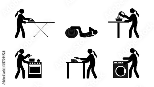 Set of stick figures, cooking and housework. Black silhouettes on white background, flat vector illustration.