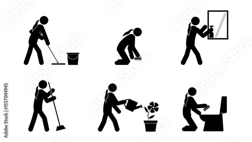Set of stick figures, cleaning in the bathroom and house, flat vector illustration.