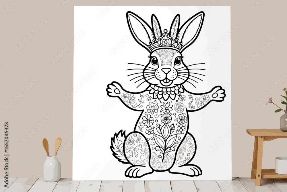 Obraz premium Easter Bunny Coloring Page-Floral Rabbit Design-Perfect for Kids & Adults-Relaxing Spring Activity-Creative DIY Art-Printable Holiday Fun