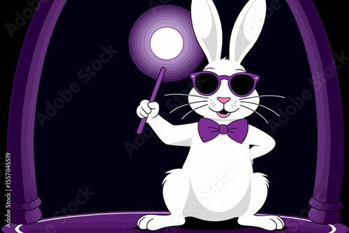 Funny Cartoon Bunny Magician with Sunglasses and Bowtie - White Rabbit Holding Wand - Purple Background Stage for Performance Show- Illustration