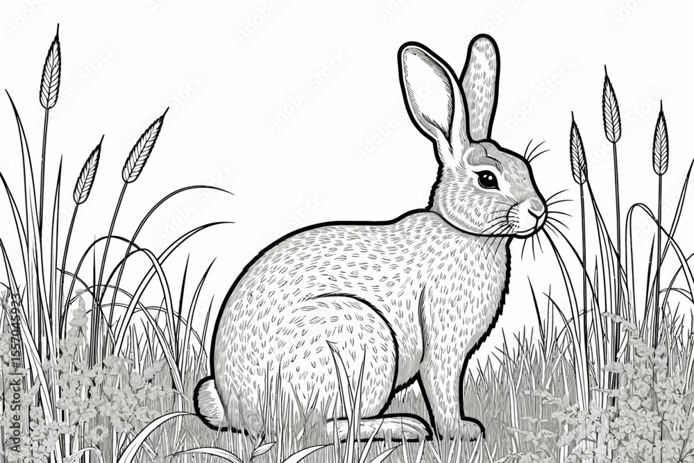 Obraz premium Rabbit Coloring Page - Printable Bunny in Grassy Field - Cute Animal Outline for Kids and Adults - Relaxing Nature Scene - Perfect for Easter Crafts or Art Therapy
