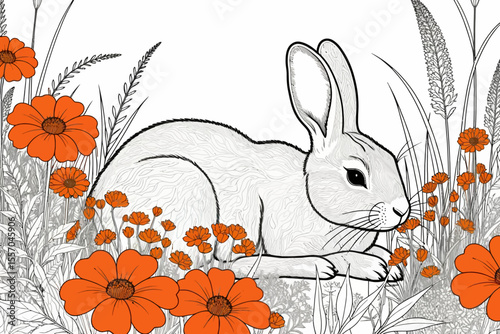 Rabbit Among Orange Flowers Coloring Page-A Relaxing Coloring Experience-Perfect for Adults and Kids-Detailed Rabbit Illustration-Floral Design Coloring Sheet