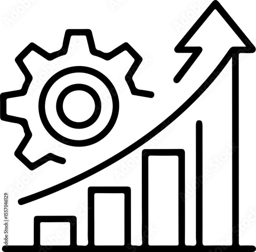 Gear and upward trending bar graph with arrow indicating growth and progress