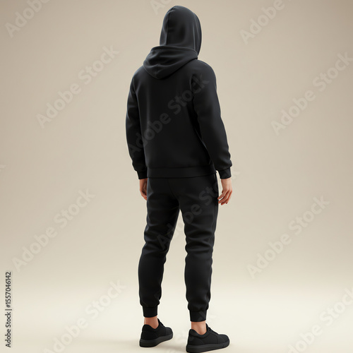 A person in a dark hoodie and sweatpants stands facing away.