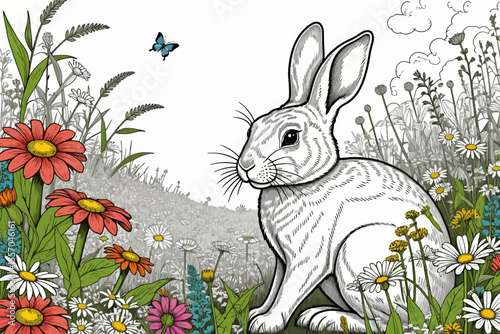 Springtime Rabbit in a Flower Meadow-Whimsical Bunny with Daisies-A Serene Butterfly Scene-Botanical Illustration-Nature Inspired Art-Ideal for Children's Decor