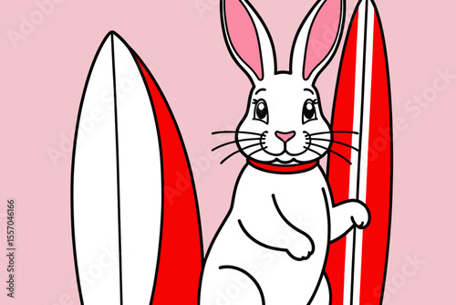 Surfing Bunny Illustration-Cute Rabbit with Surfboards-Fun Summer Vibe-Beach Ready-Red and White Design-Unique Graphic Art-Cartoon Animal-Whimsical Artwork