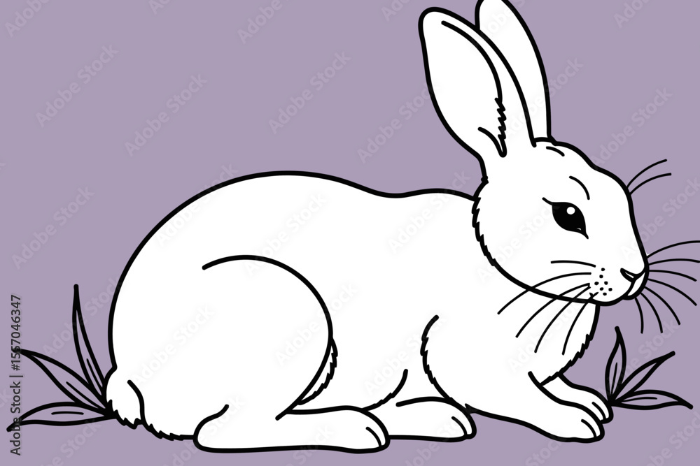 Fototapeta premium White Rabbit Illustration on Purple Background-Cute Bunny Drawing for Kids-Easy Easter Rabbit Outline Image-Simple Animal Clipart Design