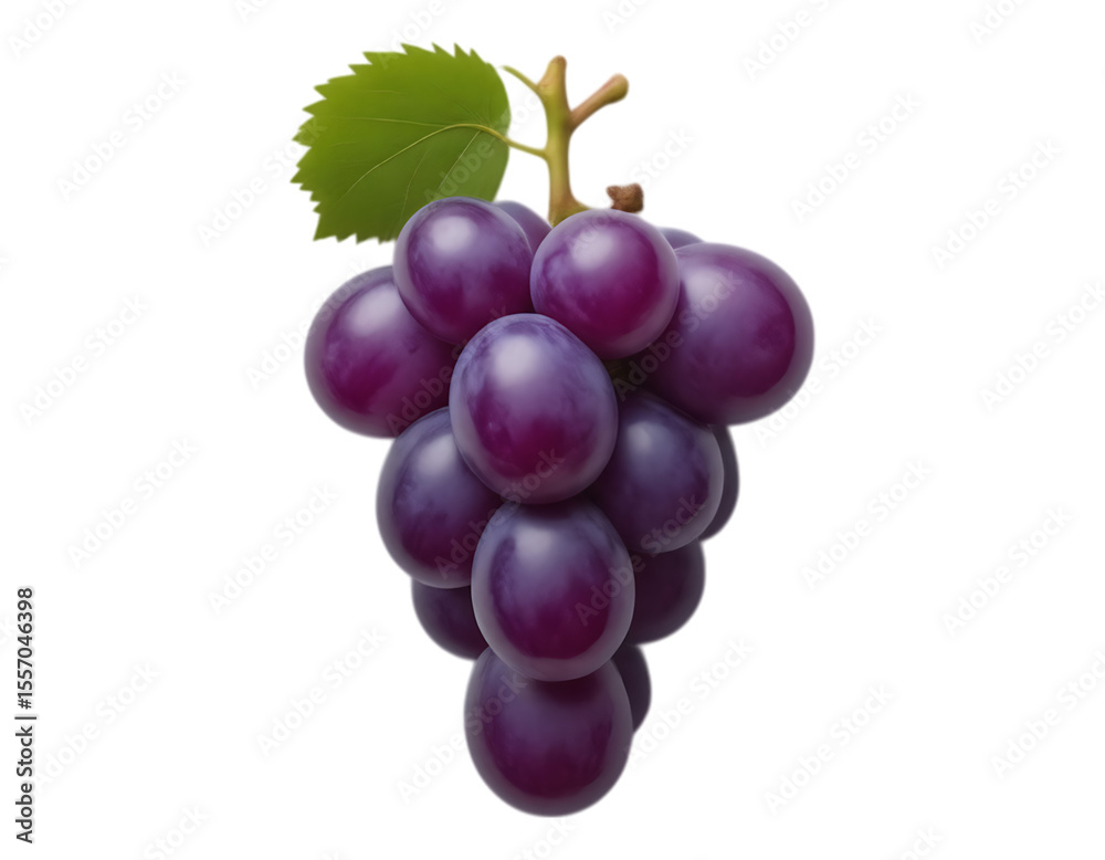 Fototapeta premium A close-up photo of a bunch of ripe, purple grapes with green leaves
