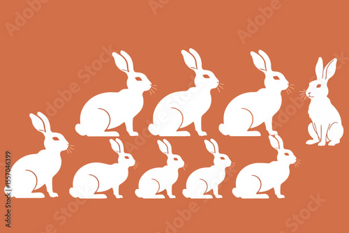 White Rabbit Silhouettes on Orange Background - Easter Bunny Graphics - Cute Animal Pattern for Spring Decor - Rabbit Vector Art Illustration