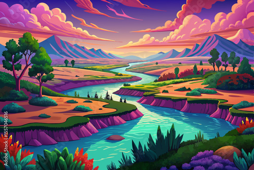 Amazing spring or summer illustration landscape with field, green hills, river and forest. Vector in trendy flat simple style. banner, greeting card or poster