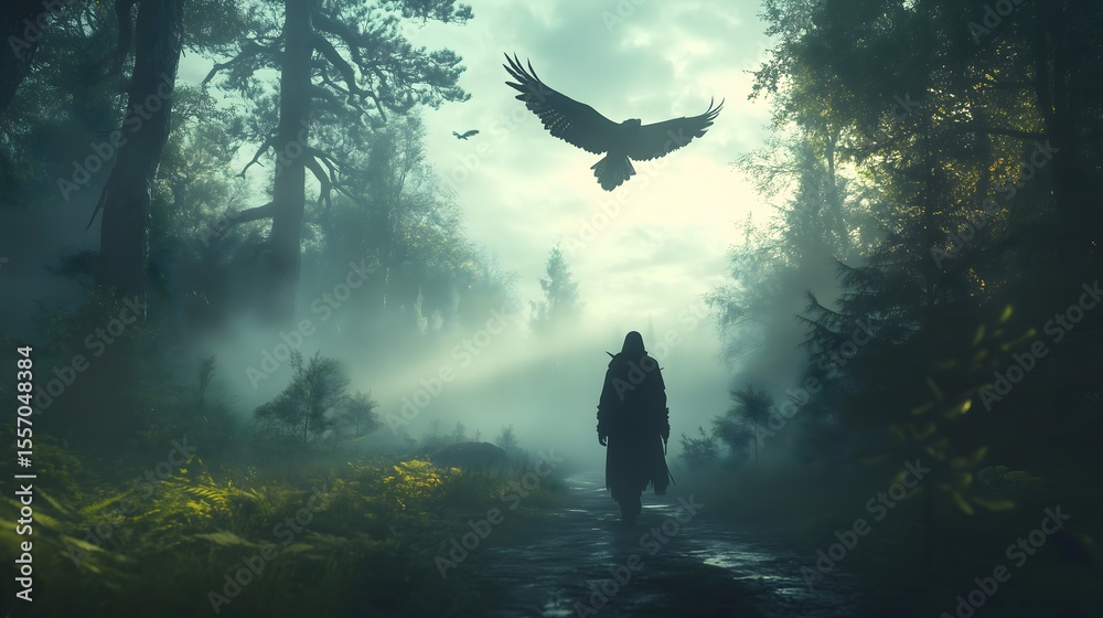 Fototapeta premium Walking down a misty path surrounded by towering trees and ethereal light during a tranquil morning hour