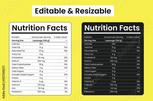 Editable and Resizable Nutrition Facts Label Templates Design