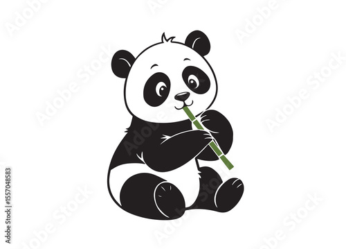 Black vector silhouette of a panda sitting and eating bamboo, cute minimal animal design in flat style, peaceful wildlife symbol isolated on white background in PNG graphic format