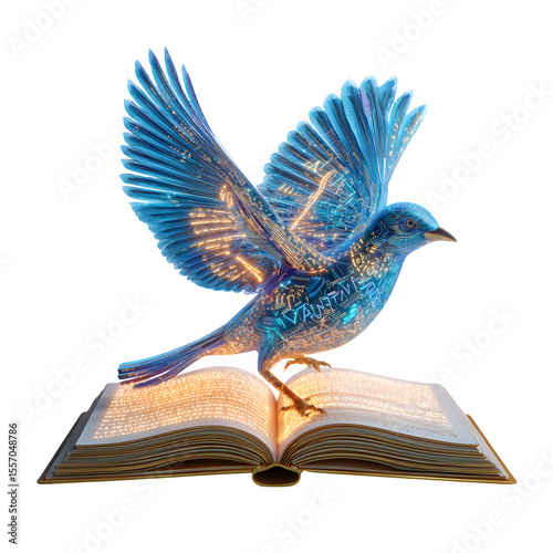 3d rhyming bird flying around glowing alphabet book isolated on white background