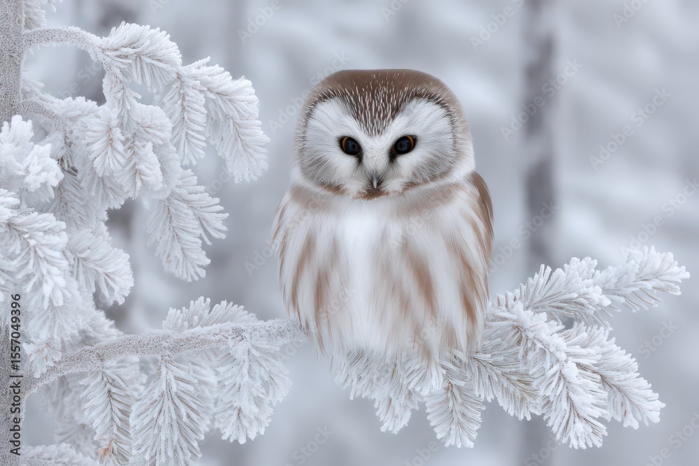 Obraz premium Softly perched on a frosted branch, a serene owl gazes directly at the viewer, showcasing captivating features against a tranquil winter backdrop full of snow-laden coniferous trees