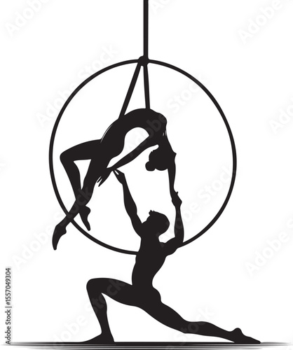  Elegant depiction of two acrobatic performers showcasing aerial artistry in a minimalistic silhouette format. Captures balance, skill, and teamwork