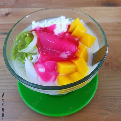 a glass of Es Teler, a popular Indonesian cold dessert. It features creamy white coconut milk, chunks of green avocado, bright yellow jackfruit