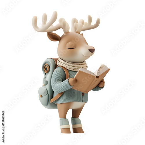3d smiling deer wearing backpack and reading rhymes aloud isolated on white background