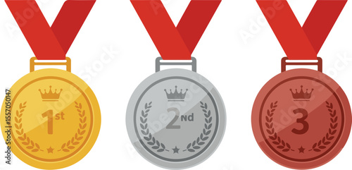 Three medals: gold, silver, bronze with yellow and gray ribbons.