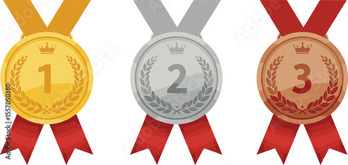 Gold, silver, and bronze medals with gray and red ribbons.