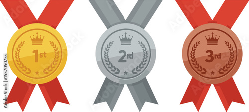 Gold, silver, and bronze medals with thin red ribbons.