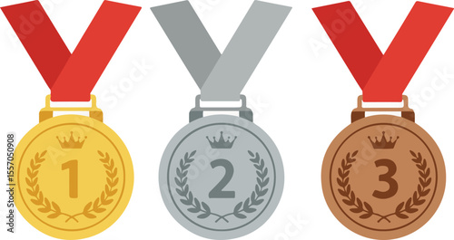 Set of gold, silver, and bronze medals with plain red ribbons.