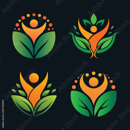 Four abstract logos featuring stylized human figures with leaves and circles
