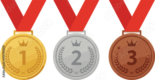 Three medals: gold, silver, bronze with yellow and brown ribbons.