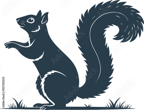 Silhouette of a squirrel with a bushy tail standing on hind legs in clean flat vector style, minimal wild animal icon design isolated on white background in transparent PNG format