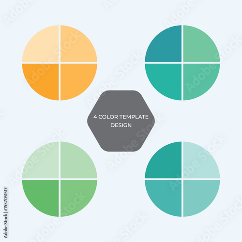 Illustrative four color template design showcasing diverse hues in circular segmented patterns