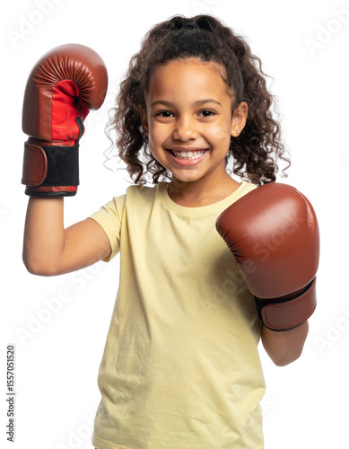 Smiling girl wearing yellow shirt and brown boxing gloves, curly hair, confident pose, isolated on transparency background, youthful energy, sports enthusiasm, healthy lifestyle