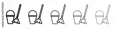 besom with stick and pail icon vector outline symbol or illustration