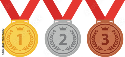 Gold, silver, and bronze medals with crossed red ribbons.