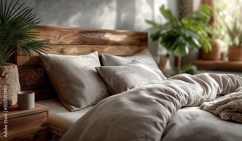 a neutral tone duvet cover on an unmade bed, highlighting its soft texture and comfort, set in a cozy bedroom with wooden furniture and plants for a warm, natural home decor ambiance