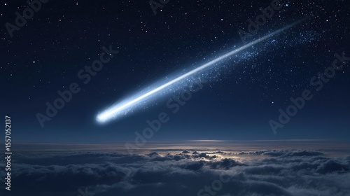 Celestial Wanderer: A radiant comet streaks across the night sky, leaving a trail of stardust, a symbol of cosmic wonder. The image evokes a sense of awe and the vastness of the universe.