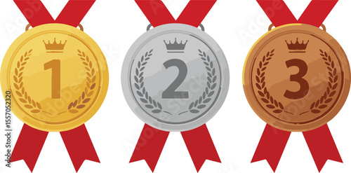Three medals: gold, silver, bronze with crossed red ribbons, textured.