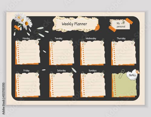 Vintage-style weekly planner template with torn paper elements and daisy accents. Perfect for organizing your week, planning tasks, and jotting down notes with a creative and unique design.