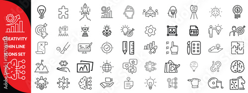 Creativity thin line icons set. Idea, creative solution and thinking, innovation icon. Editable stroke. Vector illustration, big icon set 