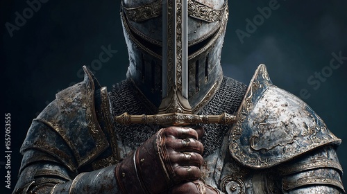 Knight in full armor holds longsword, focused, head-on pose, looking towards viewer, dark background. photo