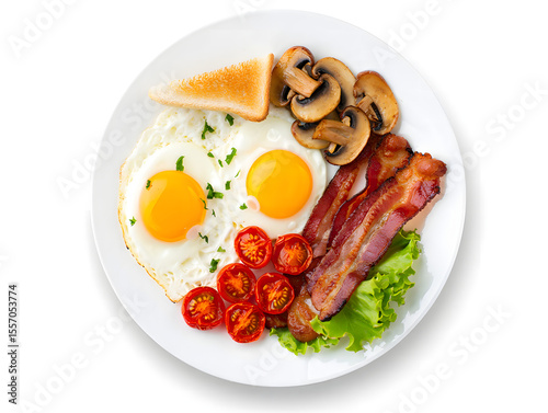 Fried eggs with crispy bacon and fresh vegetables on a breakfast plate