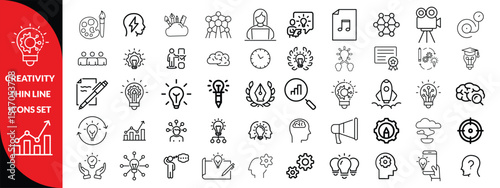 Creativity thin line icons set. Idea, creative solution and thinking, innovation icon. Editable stroke. Vector illustration, big icon set 
