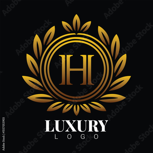 Elegant gold laurel wreath logo with letter h and luxury text