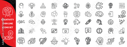 Creativity thin line icons set. Idea, creative solution and thinking, innovation icon. Editable stroke. Vector illustration, big icon set 