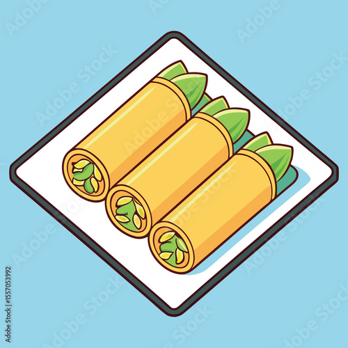 Appetizing vector illustration of fresh spring rolls on a white plate displayed