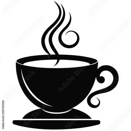 Stylized black silhouette of a steaming coffee cup on a saucer