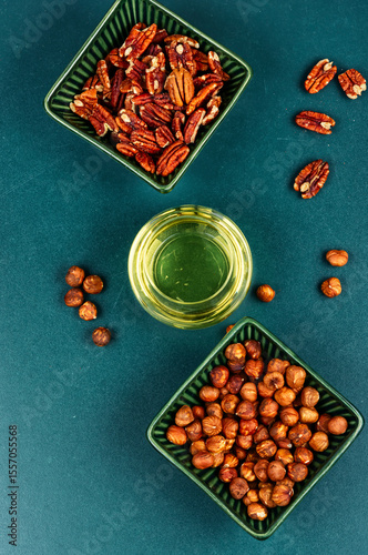 Healthy vegetable nuts oil bottle.